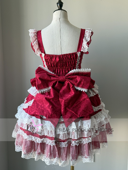 Red and white lace bow Hanayome Lolita jumper skirt real product photo - back view
