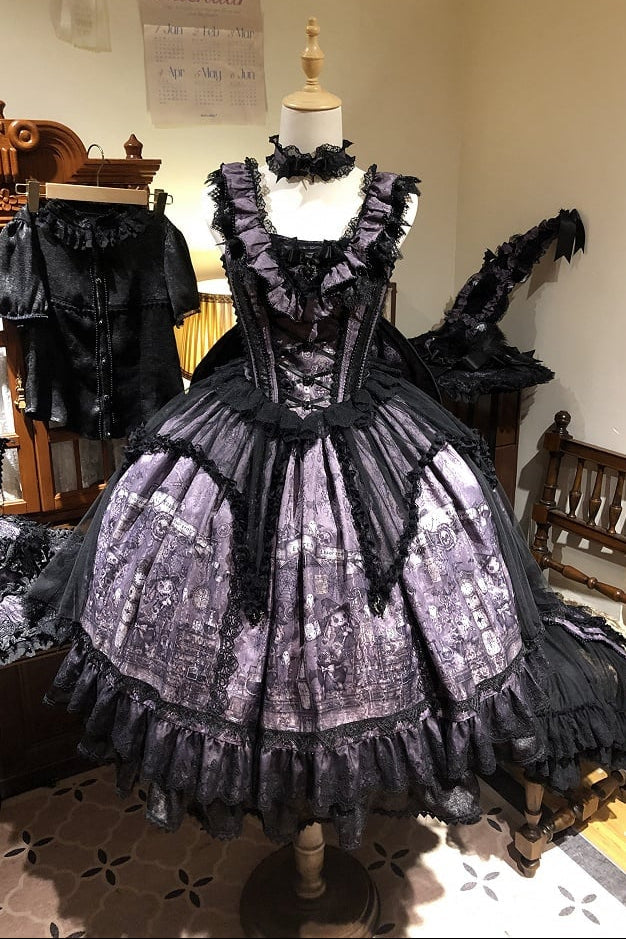 Gothic Lolita Witch Print Frilled Bustier Dress in Purple and Black