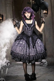 Gothic Lolita Witch Print Frilled Bustier Dress in Purple and Black