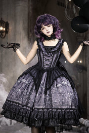 Gothic Lolita Witch Print Frilled Bustier Dress in Purple and Black