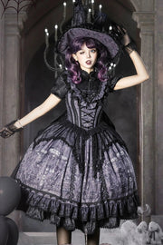Gothic Lolita Witch Print Frilled Bustier Dress in Purple and Black