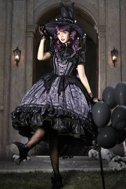 Gothic Lolita Witch Print Frilled Bustier Dress in Purple and Black