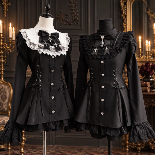 Black and white lace and all black Gothic Lolita dress sets in an elegant manor