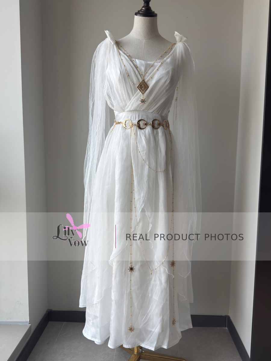 White Greek-inspired maxi dress with gold chains front view – LilyVow real product photo