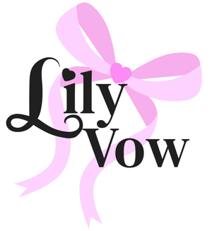 Logo with 'Lily Vow' text and a pink ribbon on a white background