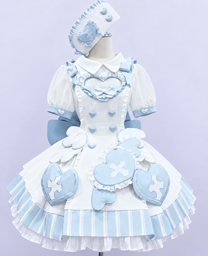 Light blue Holy Cross Healing sweet Lolita full set with dress, hat and detachable train