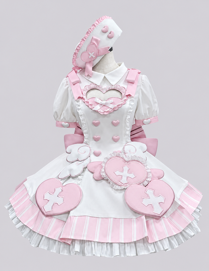 Pink Holy Cross Healing sweet Lolita full set with dress, hat and detachable train