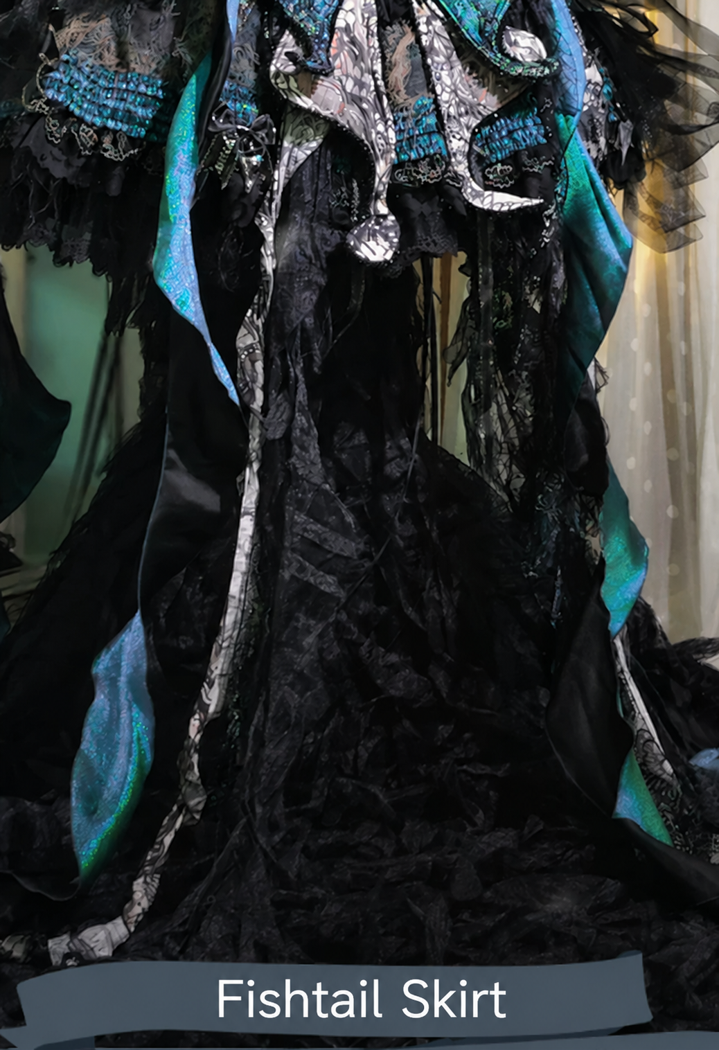 Moss Bone Butterfly Fishtail Skirt with long black lace train and iridescent trim