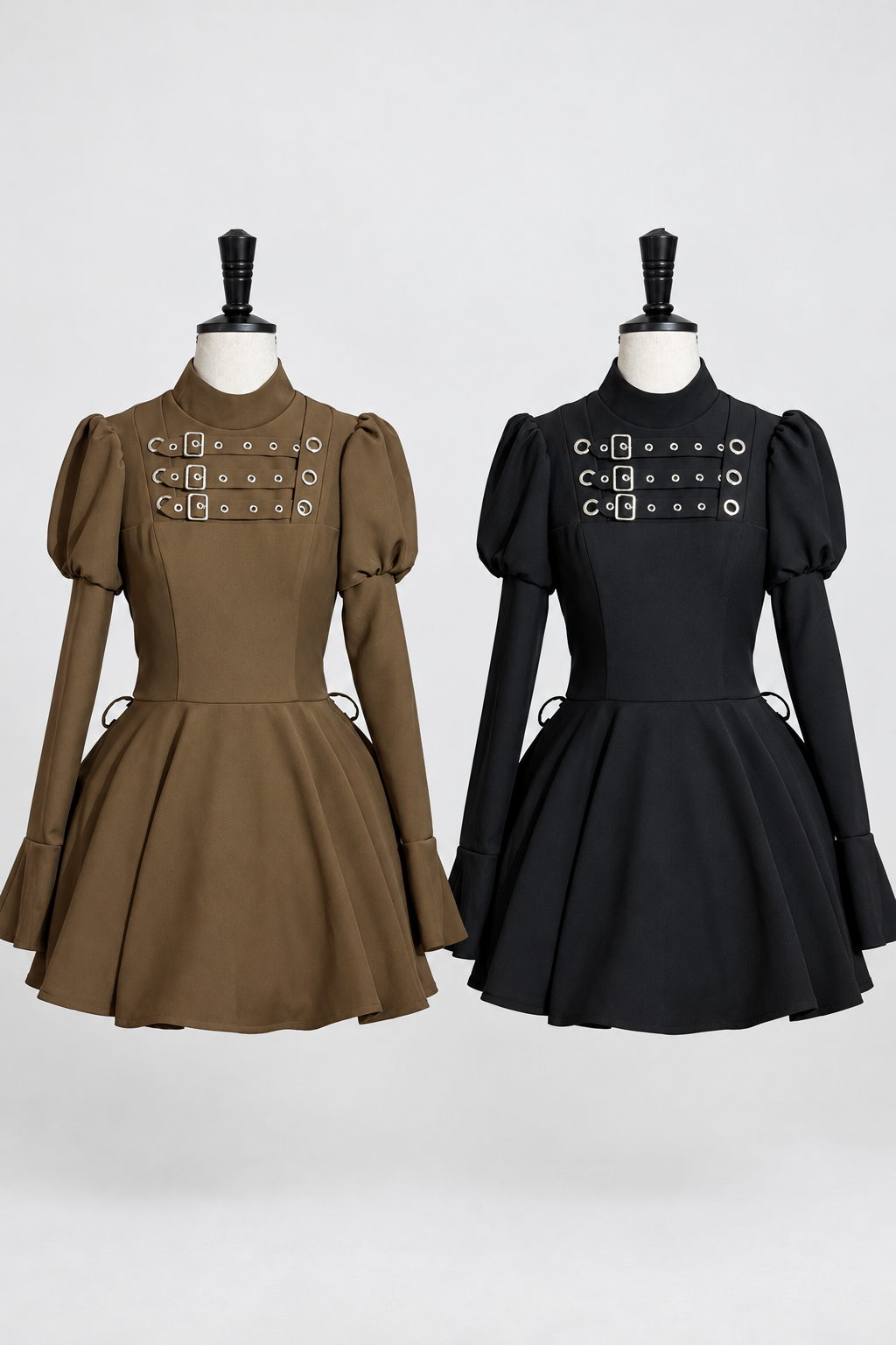 Steampunk Brown x Gothic Black Mode Buckle High Collar Puff Sleeve Doll Dress