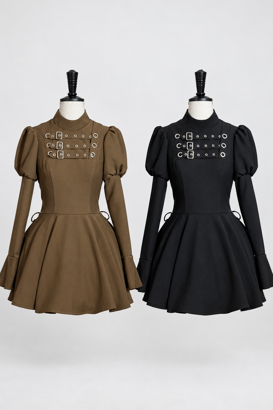 Steampunk Brown x Gothic Black Mode Buckle High Collar Puff Sleeve Doll Dress