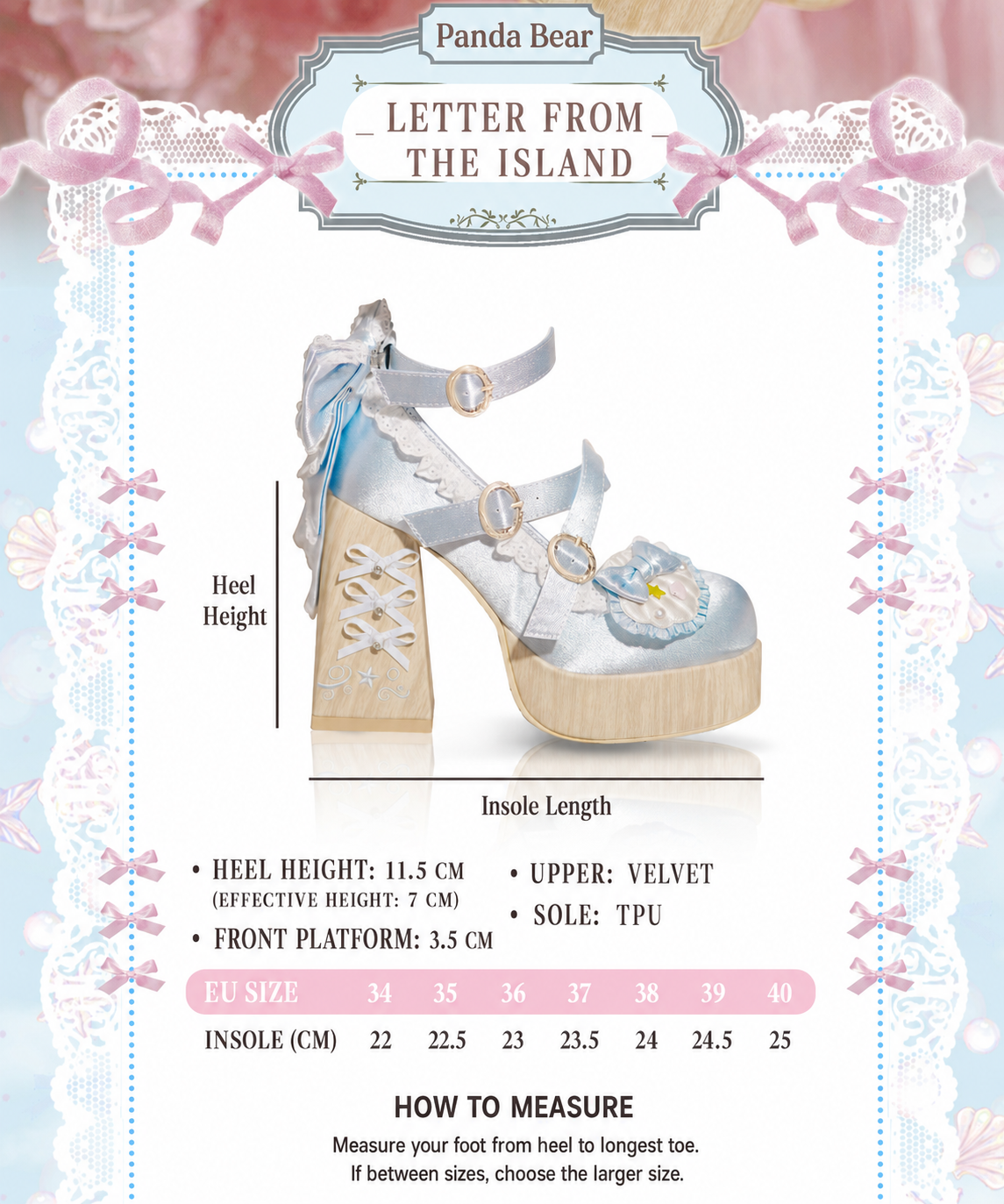 Lolita platform heels size guide EU 34 to 40