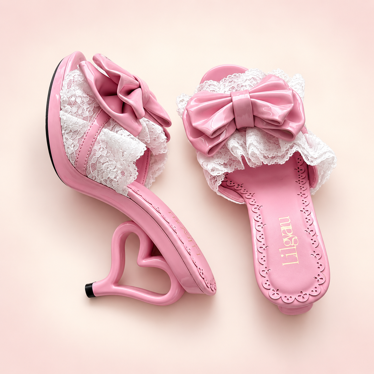 Pink Hime Lolita Slingback Heels with Ornate Heart Decor