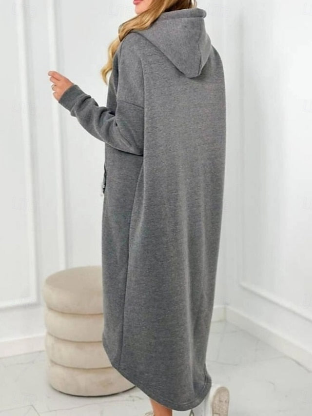 FashionChic Women's Hooded Midi Dress | Casual Polyester Dress with Pockets & Zipper (S-5XL)
