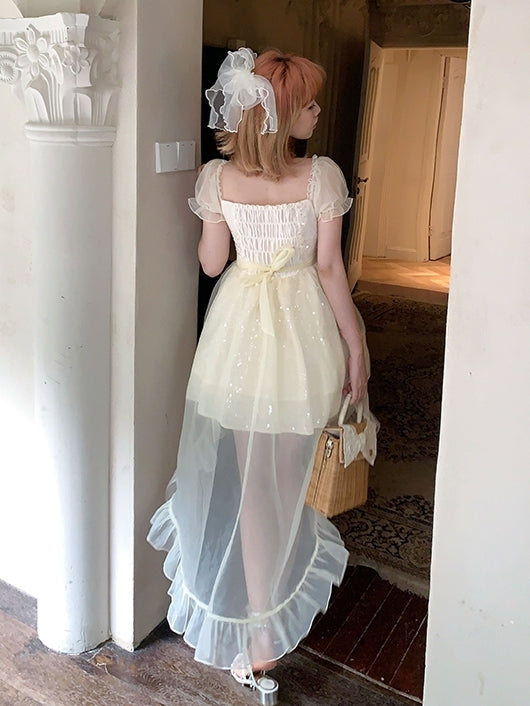 Dress with Tulle Train Beige Sequin-Embellished Square Neckline