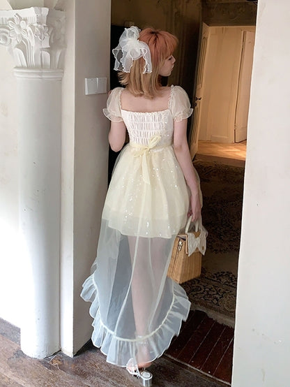 Dress with Tulle Train Beige Sequin-Embellished Square Neckline