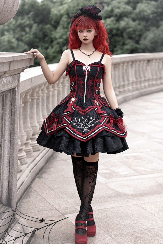 Gothic Bat Black Cross Embroidery Lolita Front Red JSK and Buckle Side Zip
