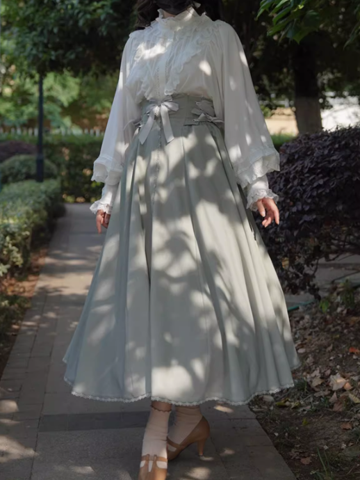 Dusty Green Boned High-Waisted Long Version Autumn Daily Lolita Skirt