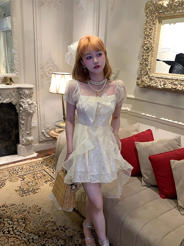 Dress with Tulle Train Beige Sequin-Embellished Square Neckline