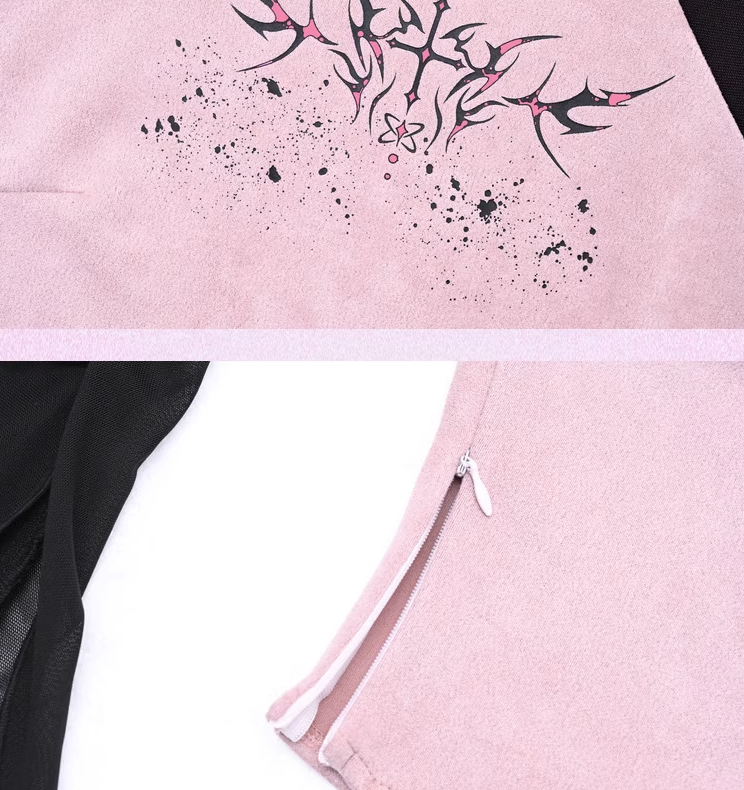 Y2K Thorns Schwarze Tüllärmel Rosa Top Outfit