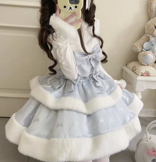 Blaues trägerloses Winterkleid mit Schneeflockenschleifen und Plüschbesatz