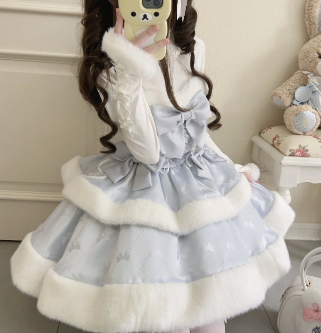 Blue Snowflake Bows Bodice Winter Plush Trimming Strapless Dress