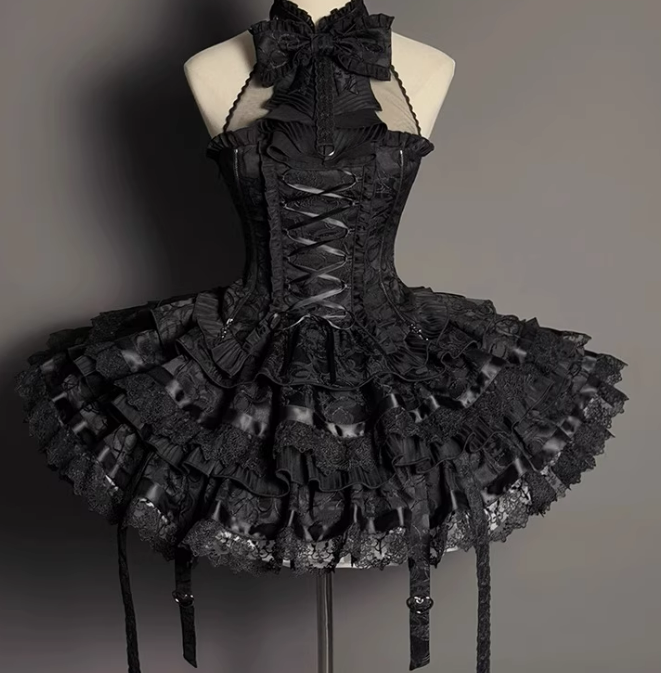 +トップセット クリーミーなエレガントバレエコアスカート ロリータ ハイローオーバーレイコルセット - ボーン入り