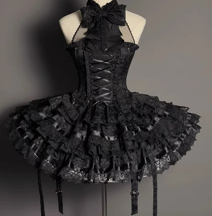 +トップセット クリーミーなエレガントバレエコアスカート ロリータ ハイローオーバーレイコルセット - ボーン入り