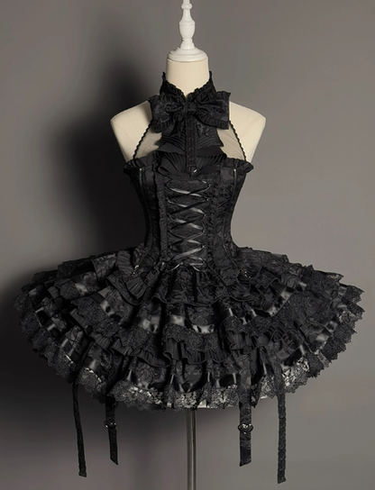 +トップセット クリーミーなエレガントバレエコアスカート ロリータ ハイローオーバーレイコルセット - ボーン入り