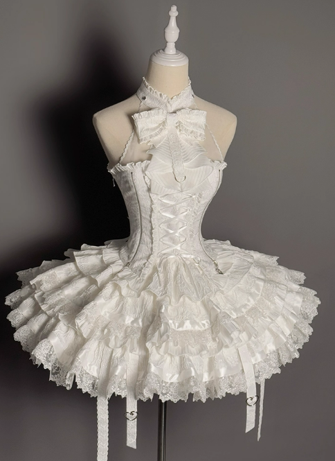 +トップセット クリーミーなエレガントバレエコアスカート ロリータ ハイローオーバーレイコルセット - ボーン入り