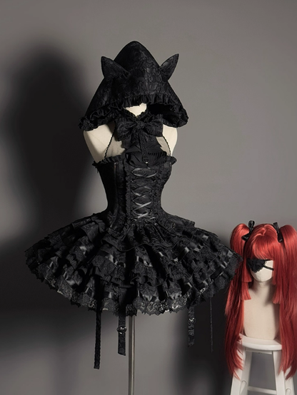 +トップセット クリーミーなエレガントバレエコアスカート ロリータ ハイローオーバーレイコルセット - ボーン入り