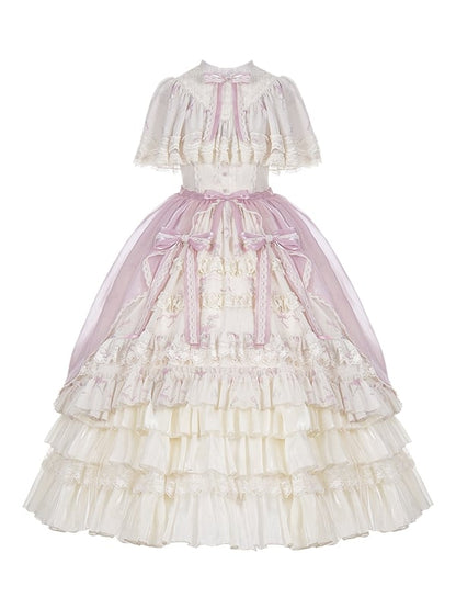 Set Classic OP Full Neck Beige Print Elegant Lolita Bluebell Edward Dress