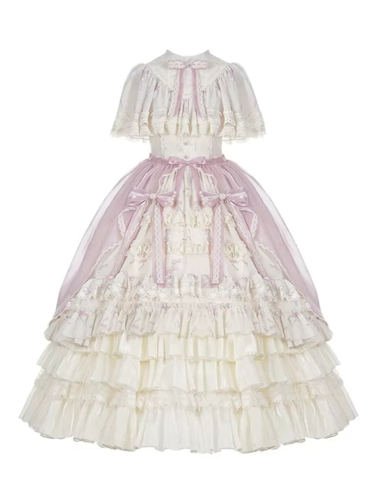 Elegant Full Print Set Edward Bluebell Dress Lolita OP Classic Beige Neck