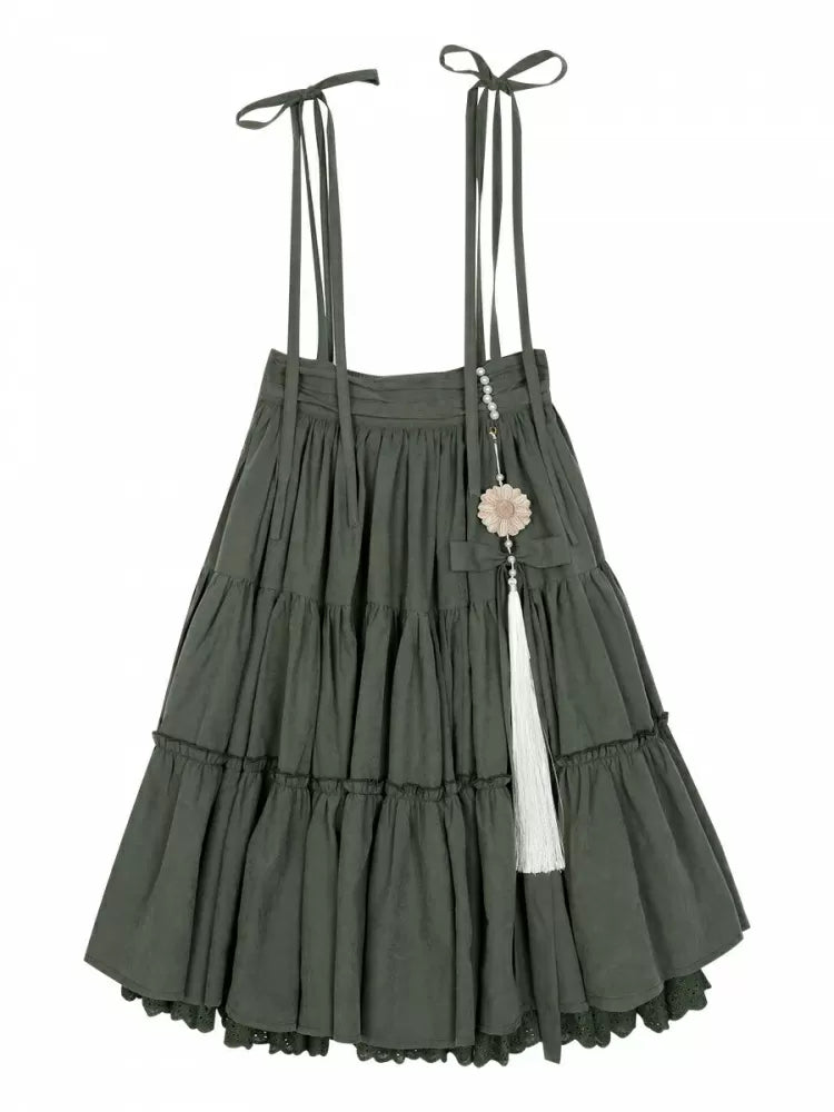 刺繍セット付き グリーン ティアード ひまわり ひまわりスカート ベージュ チャーム + ブラウス