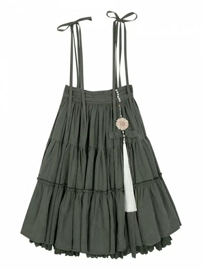 刺繍セット付き グリーン ティアード ひまわり ひまわりスカート ベージュ チャーム + ブラウス