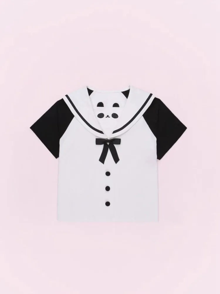 Sailor Design Collar Black and White Top Panda