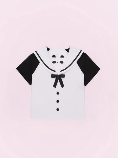 Sailor Design Collar Black and White Top Panda