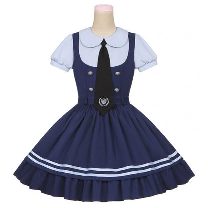 Marineblaues Kleid mit Peter-Pan-Kragen und kurzen Ärmeln, zweiteilig