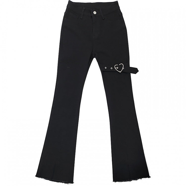 バックル太ももフレアジーンズ