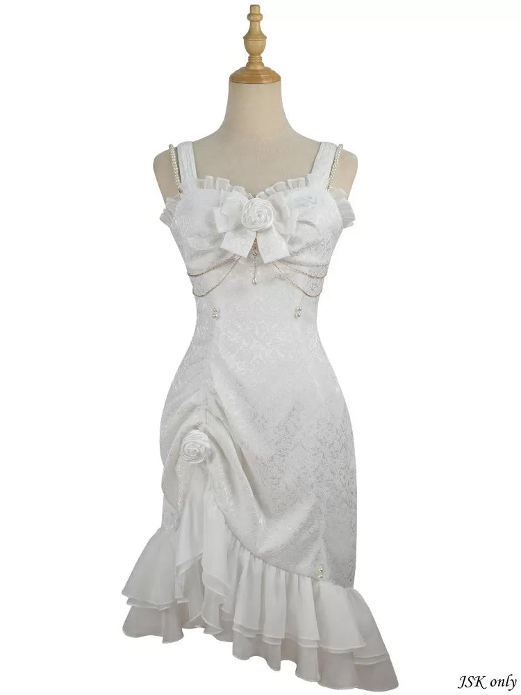 Rose Decoration Jacquard Hemline Mermaid Detail Ruffle JSK White Lolita Bead Camellia