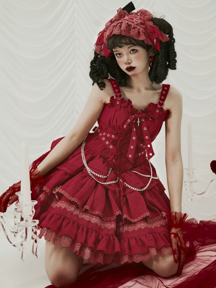 Punk Goth Red Short Jumper Skirt Adjustable Criss-cross Straps Waist