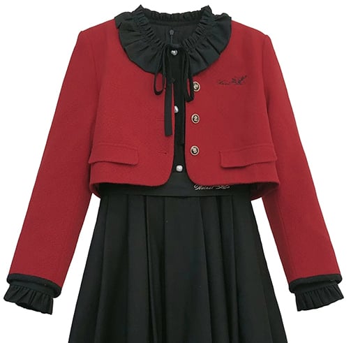 Floral Embroidery Jacket Red Tweed
