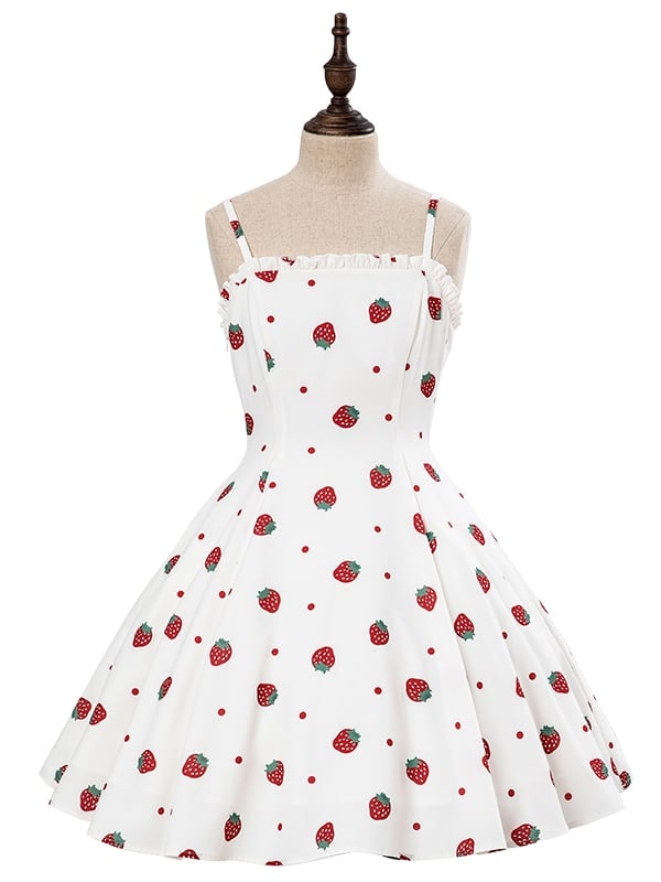 und weiß JSK süßes Kleid Polka Dots Sommer Lolita Erdbeere Sonne Druck