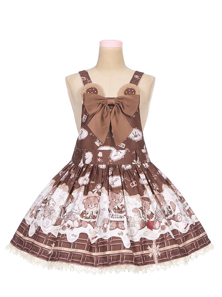 Coffee Teddy Bear Sweet Lolita JSK - Chocolate Print with Lace & Big Bow