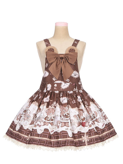 Coffee Teddy Bear Sweet Lolita JSK - Chocolate Print with Lace & Big Bow