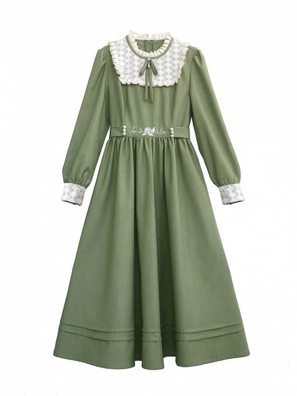 Rüschen Floral Vintage Ausschnitt Kleid Grün Stickerei Matcha mit