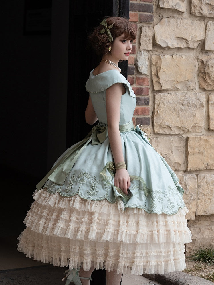 Dress Cascading of Lolita Valley Green Slit Lily Embroidery Light Ruffle Side Classic the with