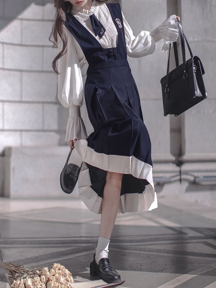 Overalls Box Stickerei Rock Blau Buchstaben mit Falte Dunkel