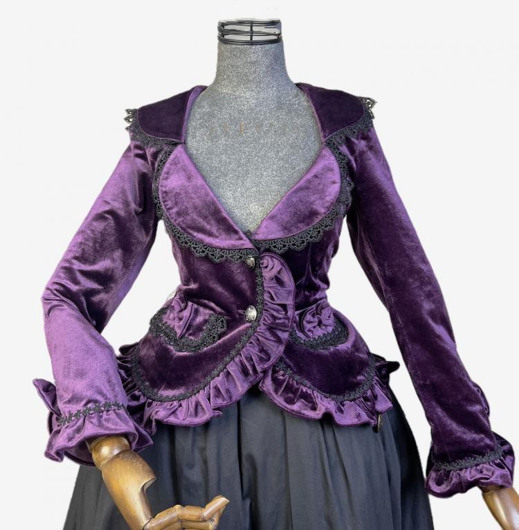 Dunkle Vintage-Jacke aus Samt mit Schnürung und Rüschenbesatz