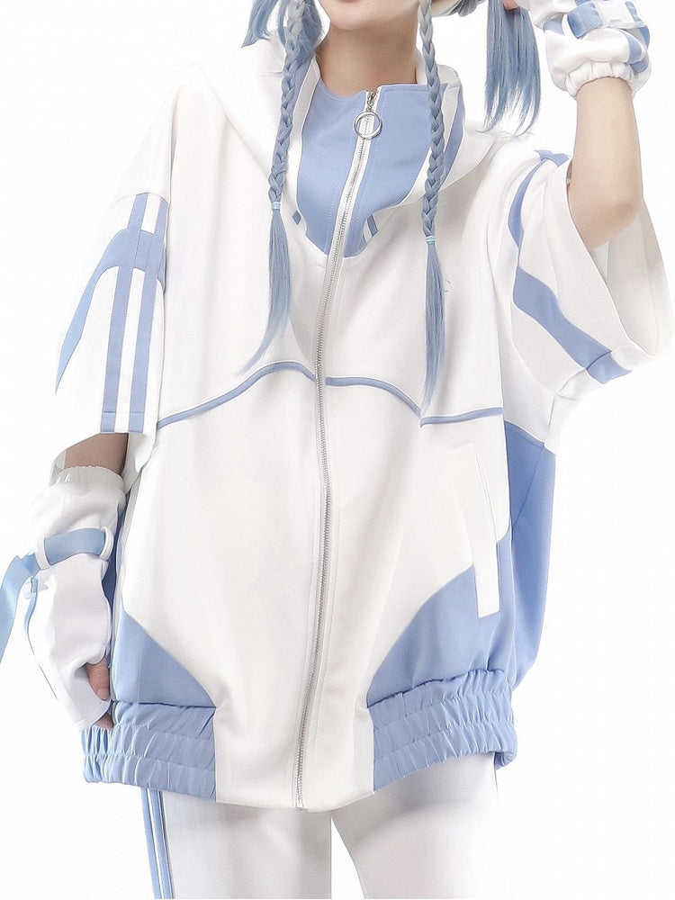 Vorderseite Tenshi Weiße Jacke Oben Blaue Ärmel Kaiwai Light und Sweatershirt Zip Ellenbogenlang