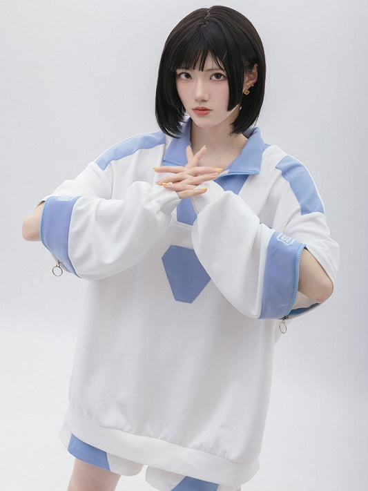 Kaiwai Tenshi Design Blue Light Zip Sweatshirt White Sleeves and